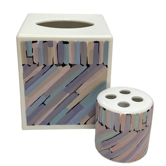 Tissue Box Cover and Toothbrush Holder Vintage Modern Purple Print - Picture 1 of 12